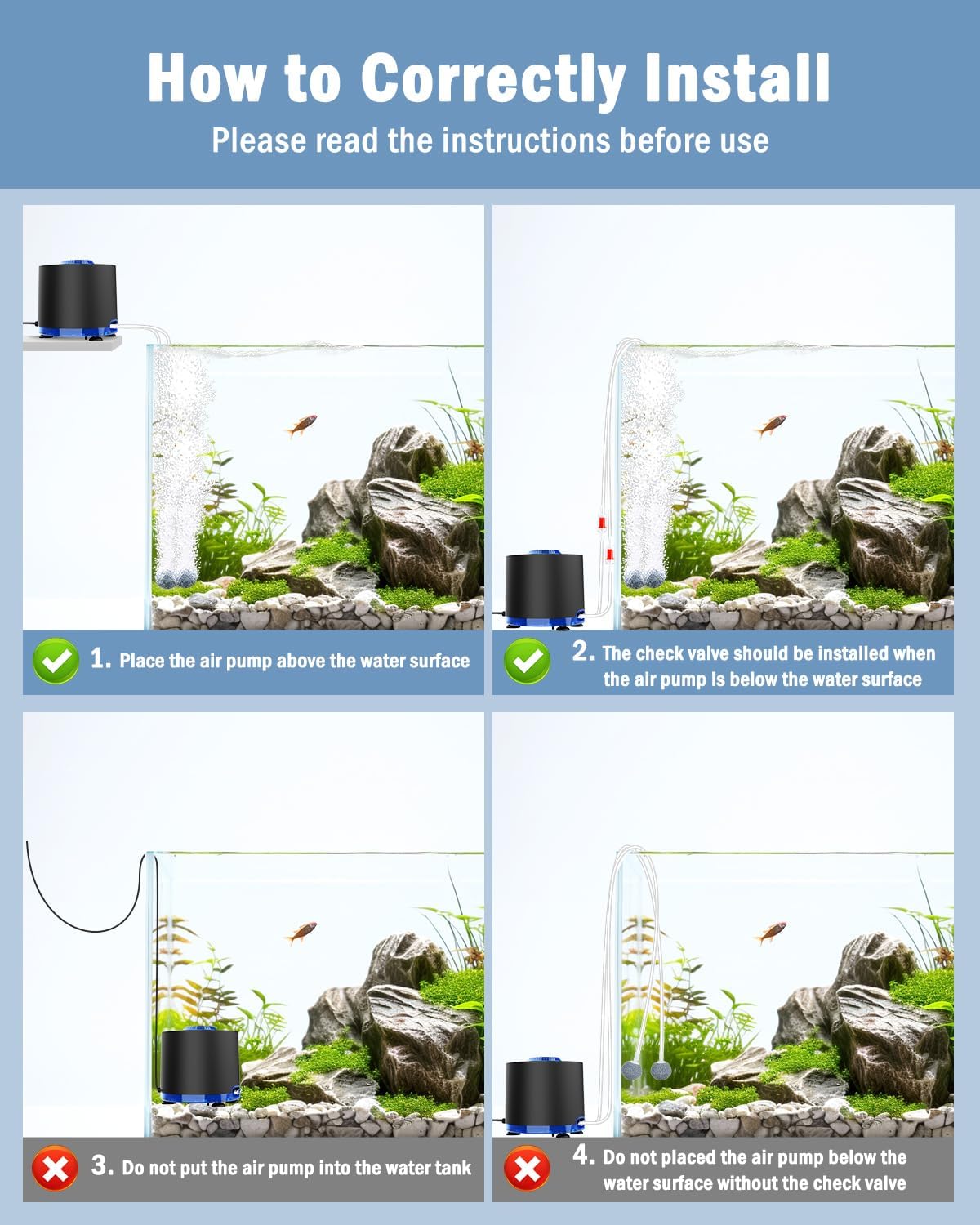 AQQA Aquarium Air Pump, Quiet Powerful Fish Tank Air Pump 3W/6W/10W with Stainless Steel Dual Outlet, Adjustable Oxygen Aerator Pump with Air Stone Bubbler for Fish Tank Up to 200 Gallon 3W (Tubby) - Image 6