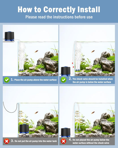 AQQA Aquarium Air Pump, Quiet Powerful Fish Tank Air Pump 3W/6W/10W with Stainless Steel Dual Outlet, Adjustable Oxygen Aerator Pump with Air Stone Bubbler for Fish Tank Up to 200 Gallon 3W (Tubby) - Image 6