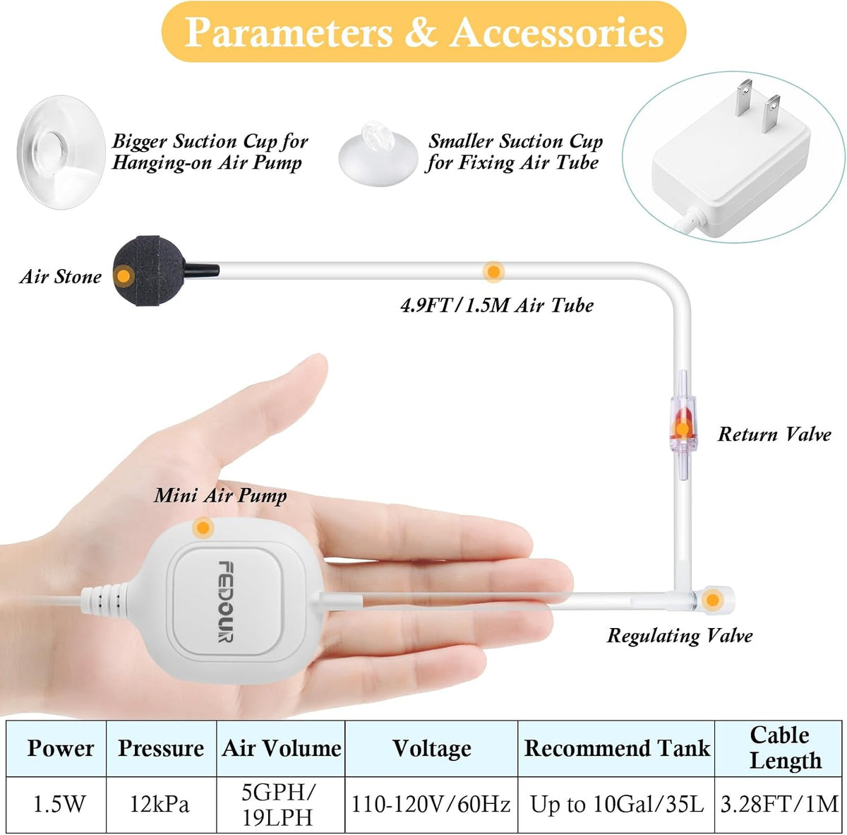 Fedour nano aquarium aerator showing size scale