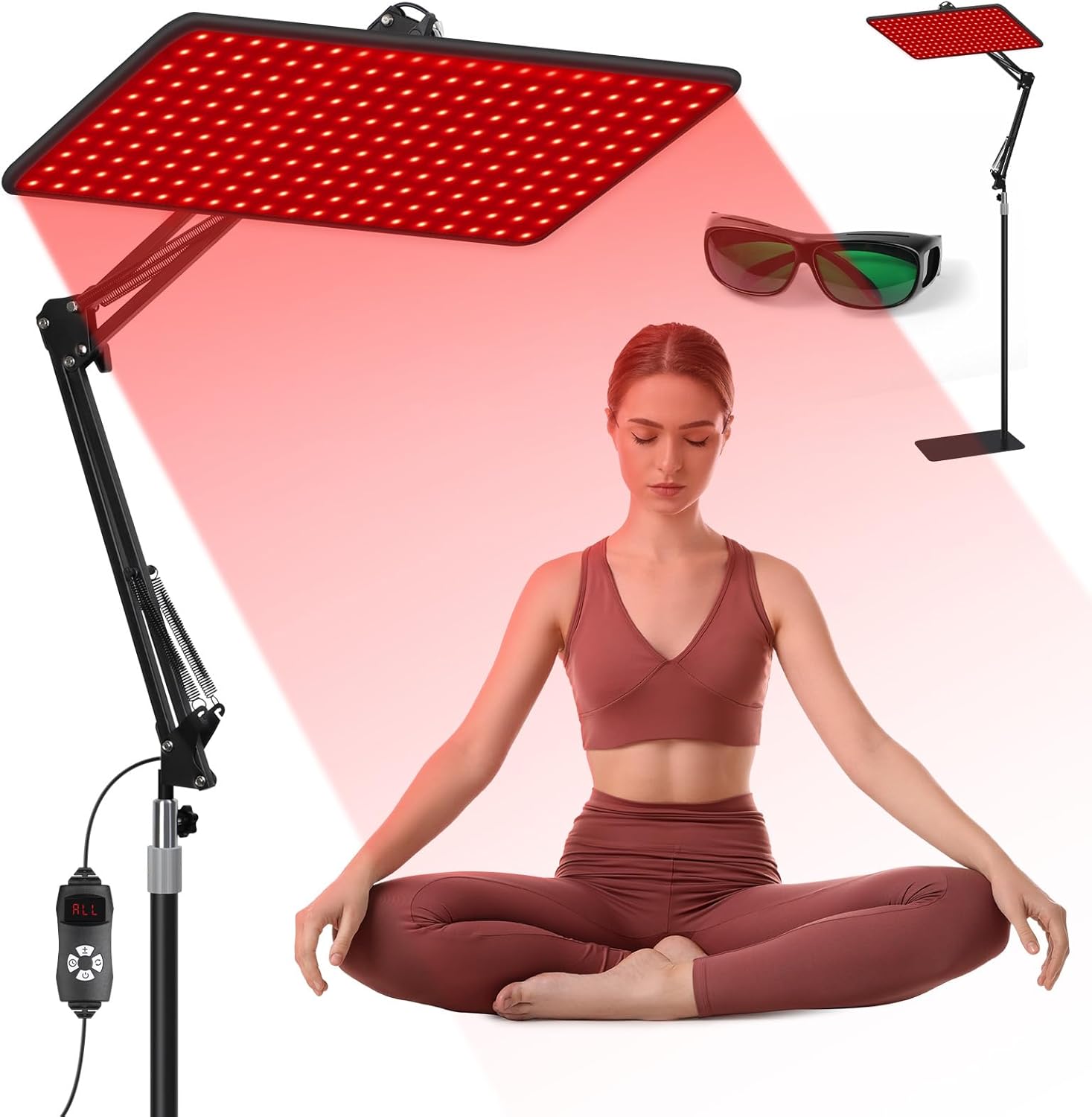 BEICHEN Red Light Therapy panel front view showing active LED chips on an adjustable stand.