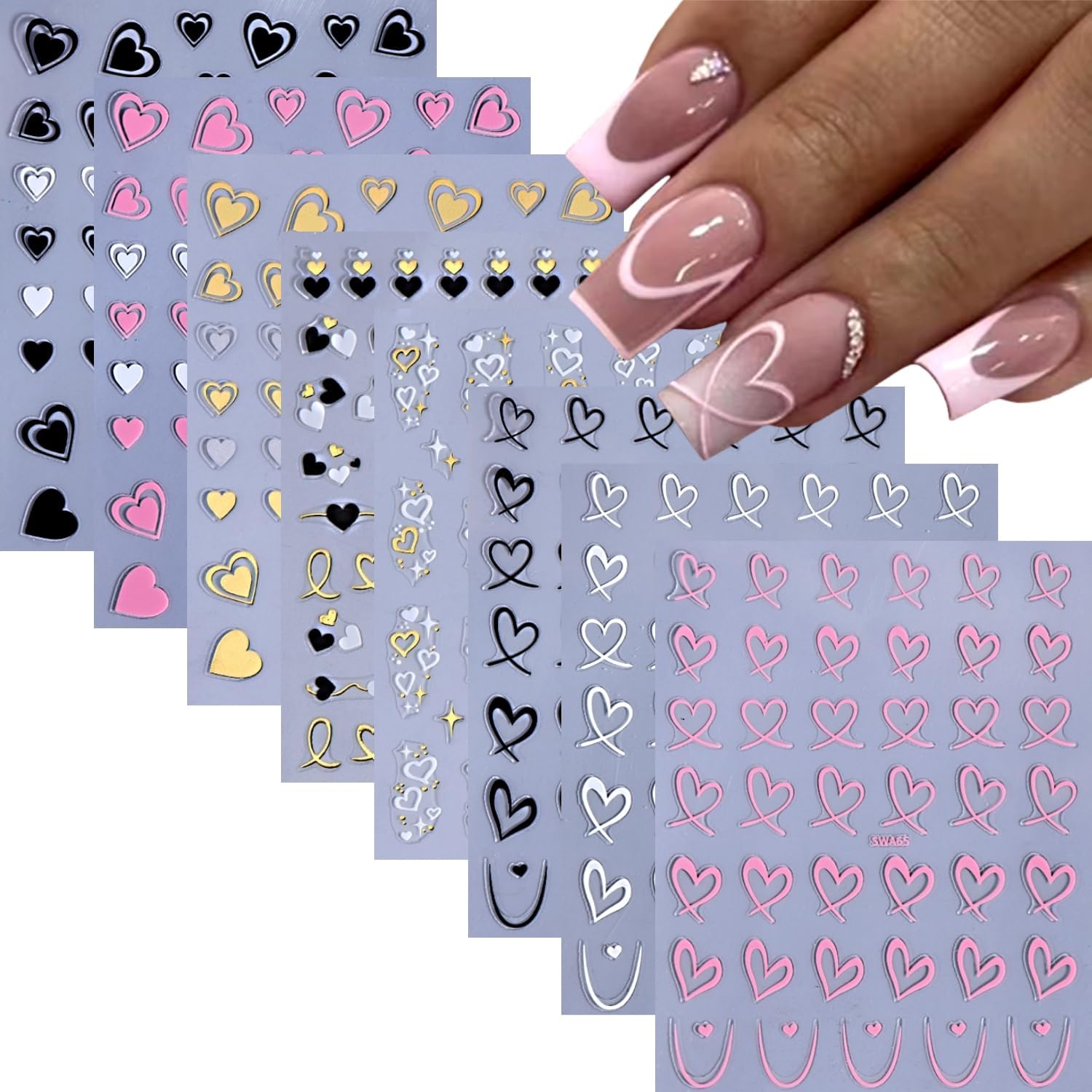 Bloazife 8 sheets Valentine heart nail stickers front view