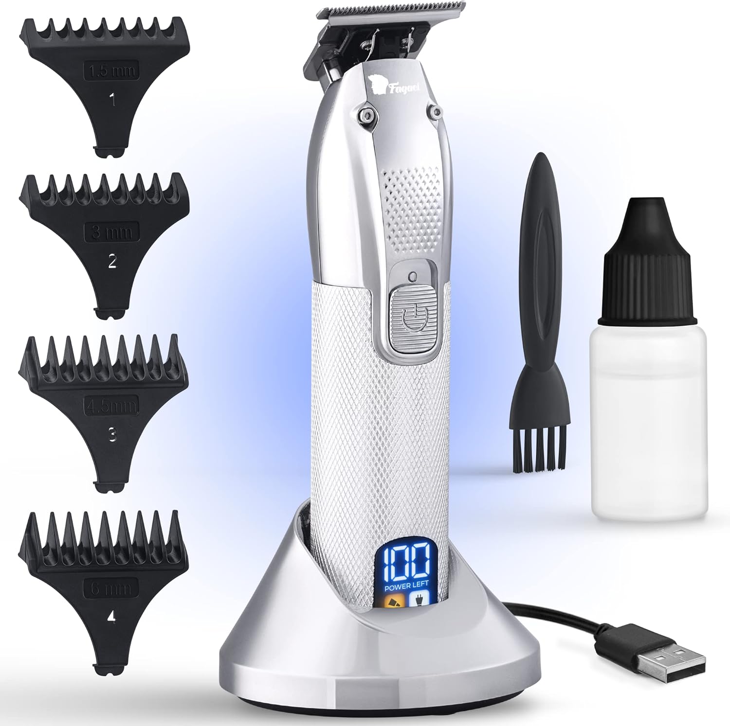 Fagaci Men's Hair Trimmer front view showing premium silver metal body and digital LED display