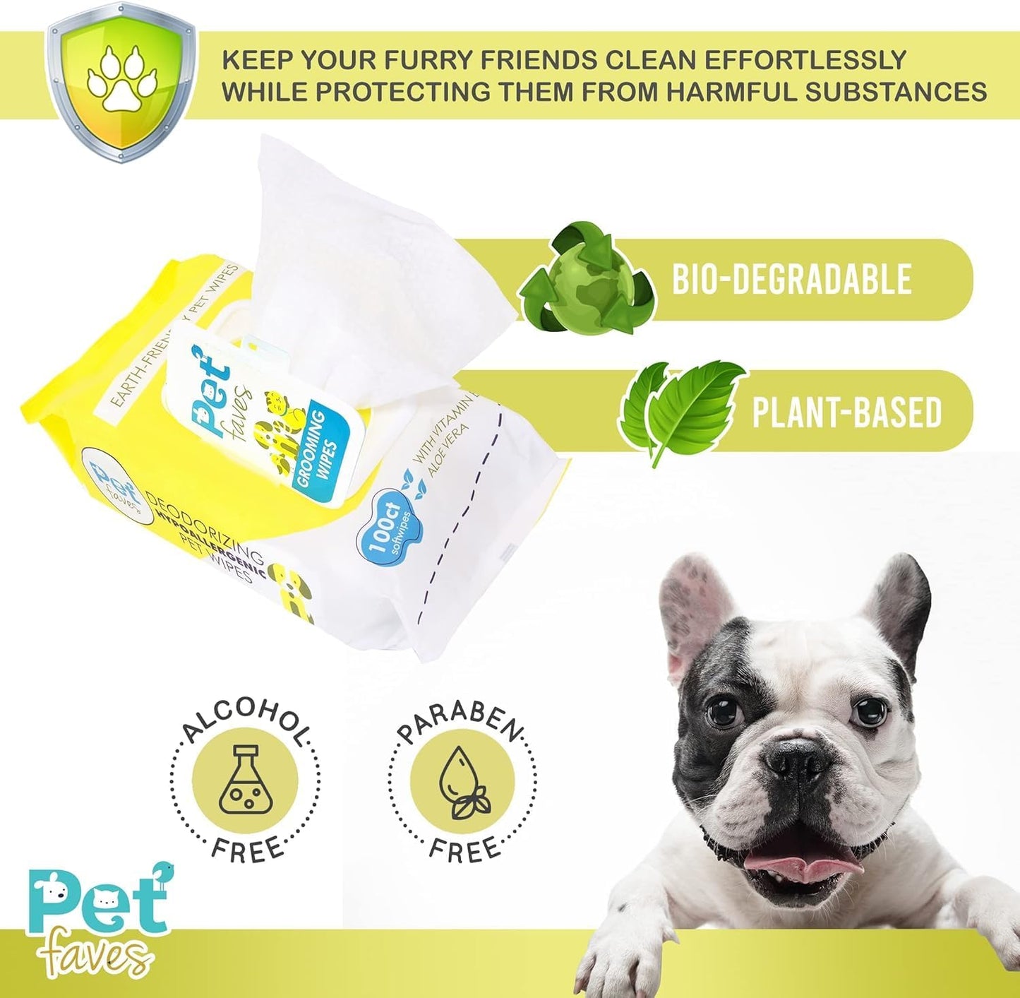 Pack of four hundred count plant based natural dog wipes for paws and face.