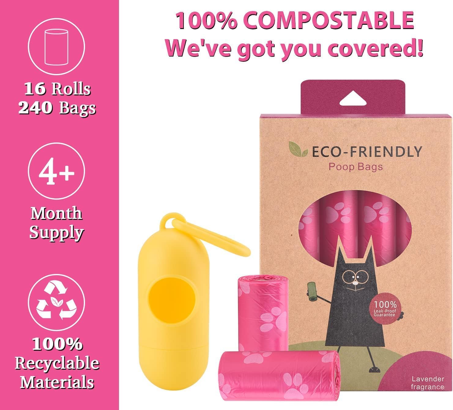 Pink compostable pet waste bags roll with yellow dispenser