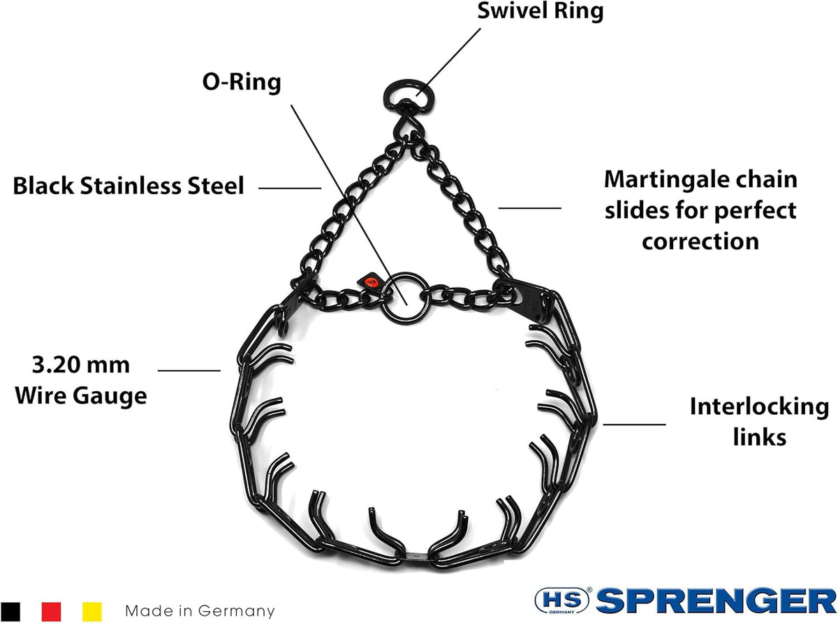 German engineered black stainless steel pinch collar with swivel ring close up