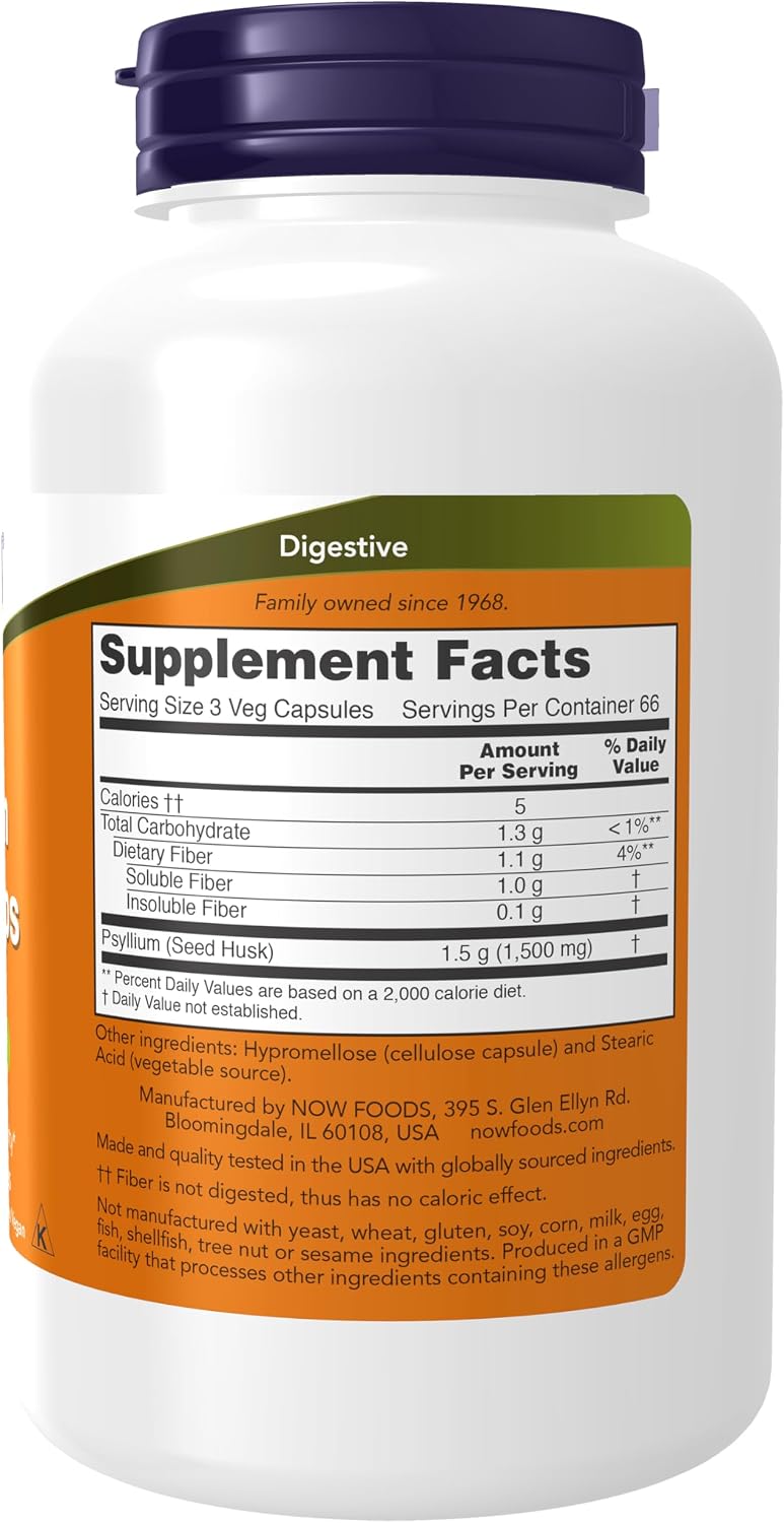 Now Supplements Psyllium Husk Caps back label detailing supplement facts and ingredients