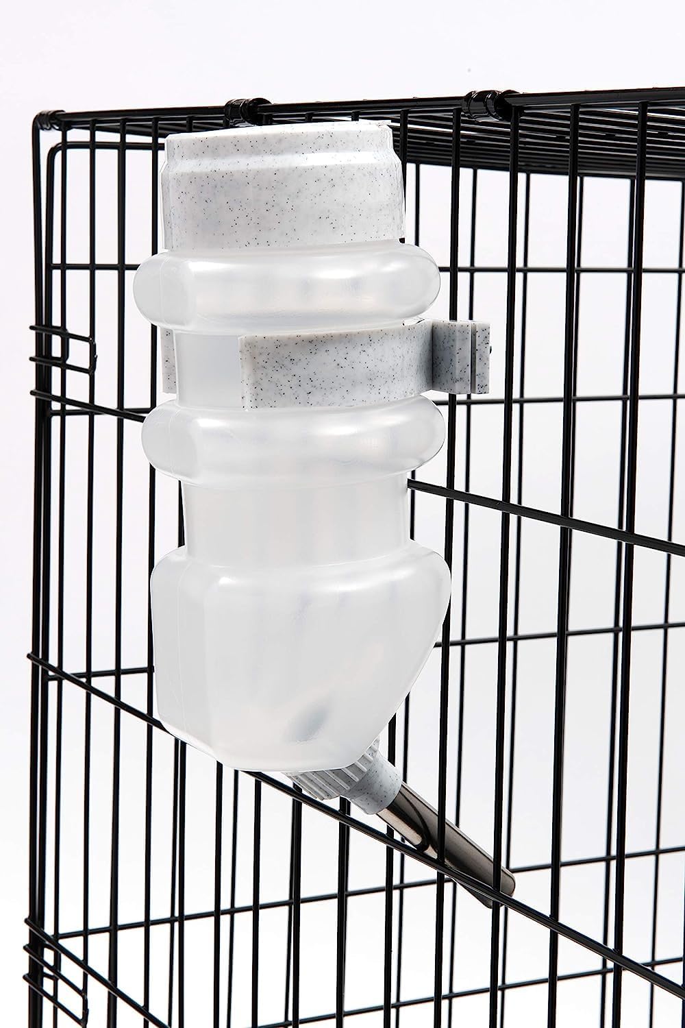 Imported USA pet cage water dispenser with dual mounting clamps.