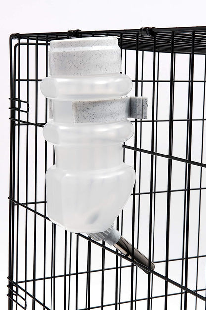 Imported USA pet cage water dispenser with dual mounting clamps.