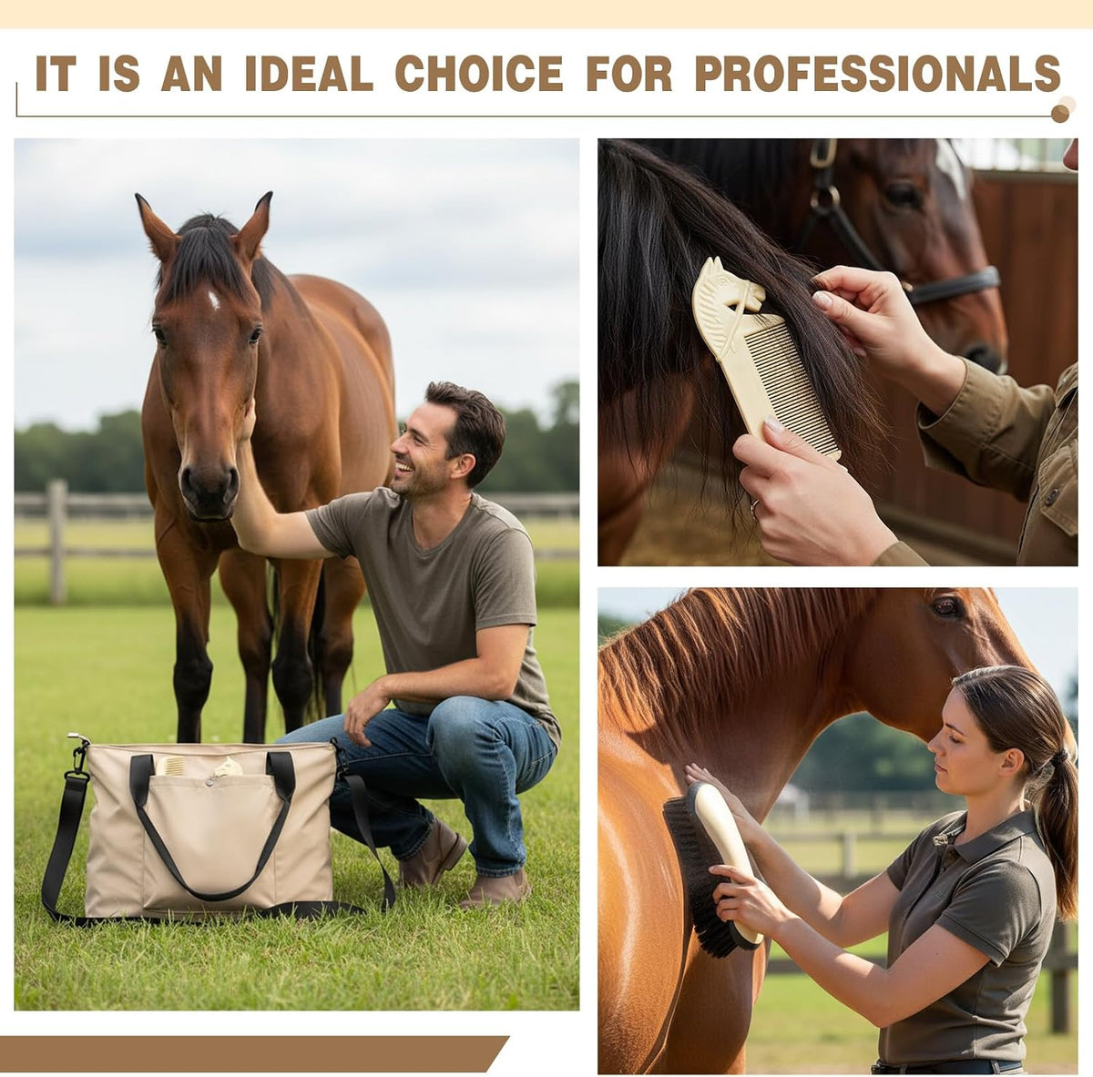 Abbylike hard and soft horse grooming brushes demonstrating ergonomic grip design for stable owners.