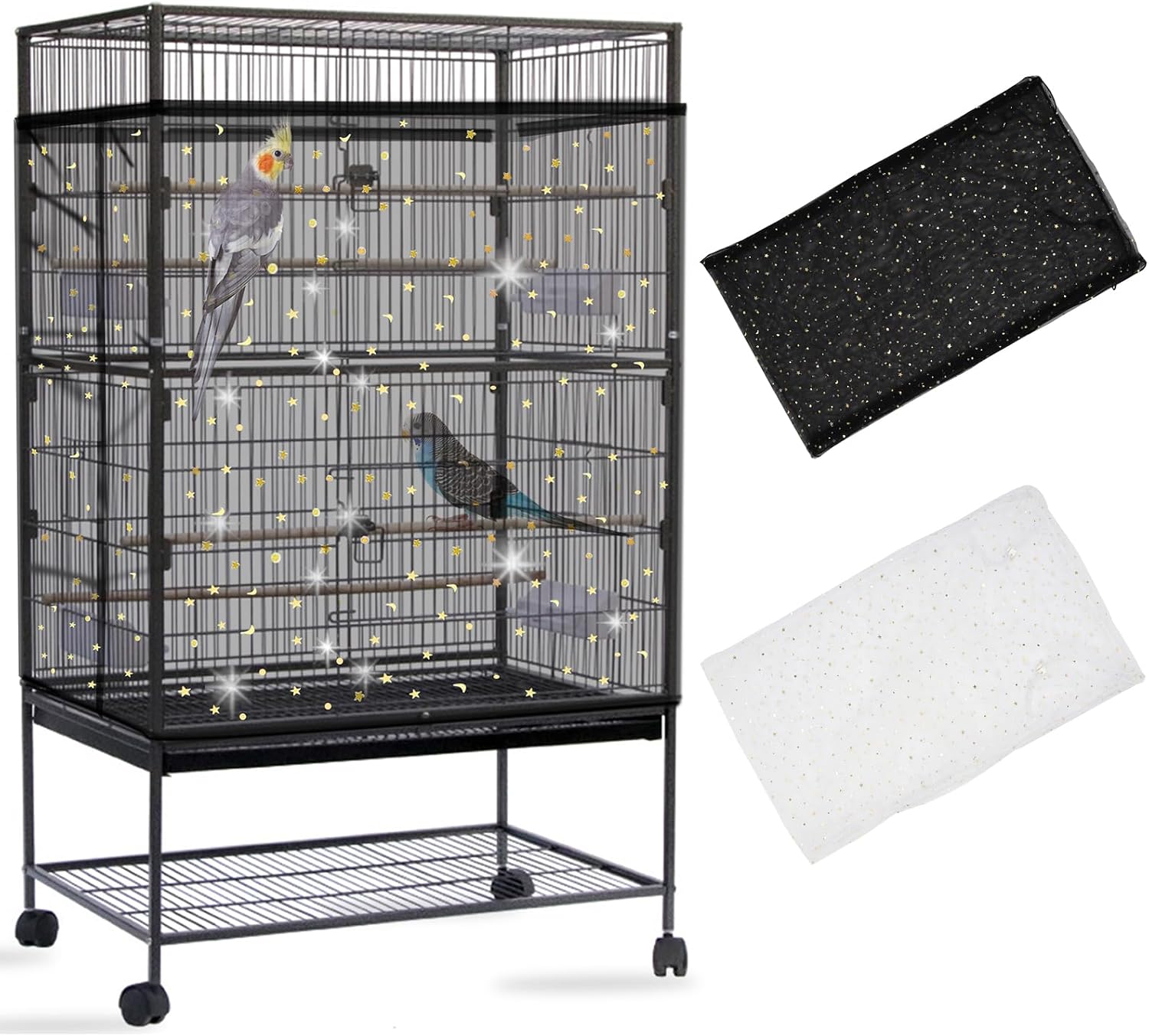 Daoeny 2PCS Bird Cage Seed Catcher, Large Bird Cage Cover, Adjustable Soft Airy Nylon Mesh, Birdcage Cover Skirt Seed Guard for Parrot Parakeet Macaw Round Square Cages (White & White) - Image 9