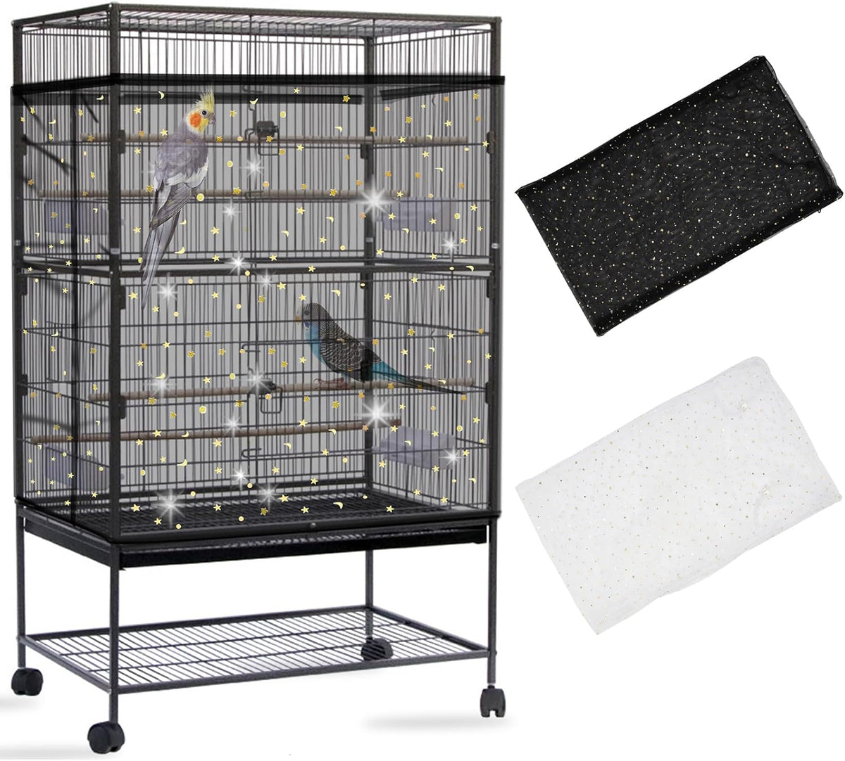 Daoeny 2PCS Bird Cage Seed Catcher, Large Bird Cage Cover, Adjustable Soft Airy Nylon Mesh, Birdcage Cover Skirt Seed Guard for Parrot Parakeet Macaw Round Square Cages (White & White) - Image 9