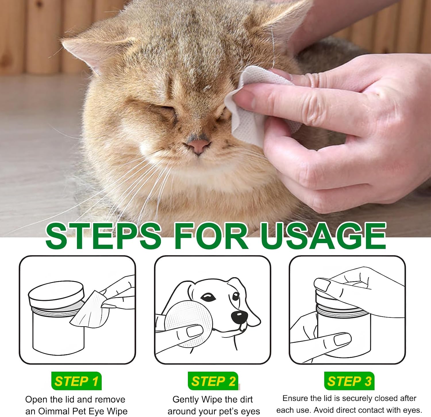 Dog eye wipes packaging displaying instructions for clearing dried mucus and crust discharge safely