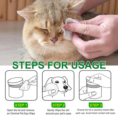 Dog eye wipes packaging displaying instructions for clearing dried mucus and crust discharge safely