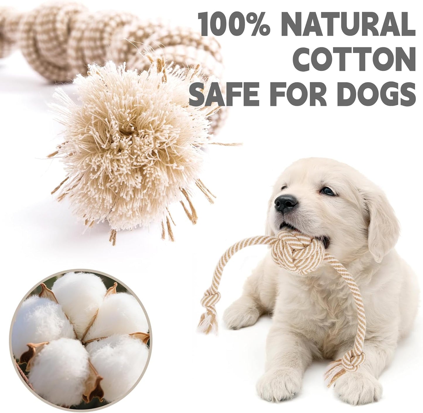 Reinforced weave texture close up of premium natural cotton dog teething chew toy.