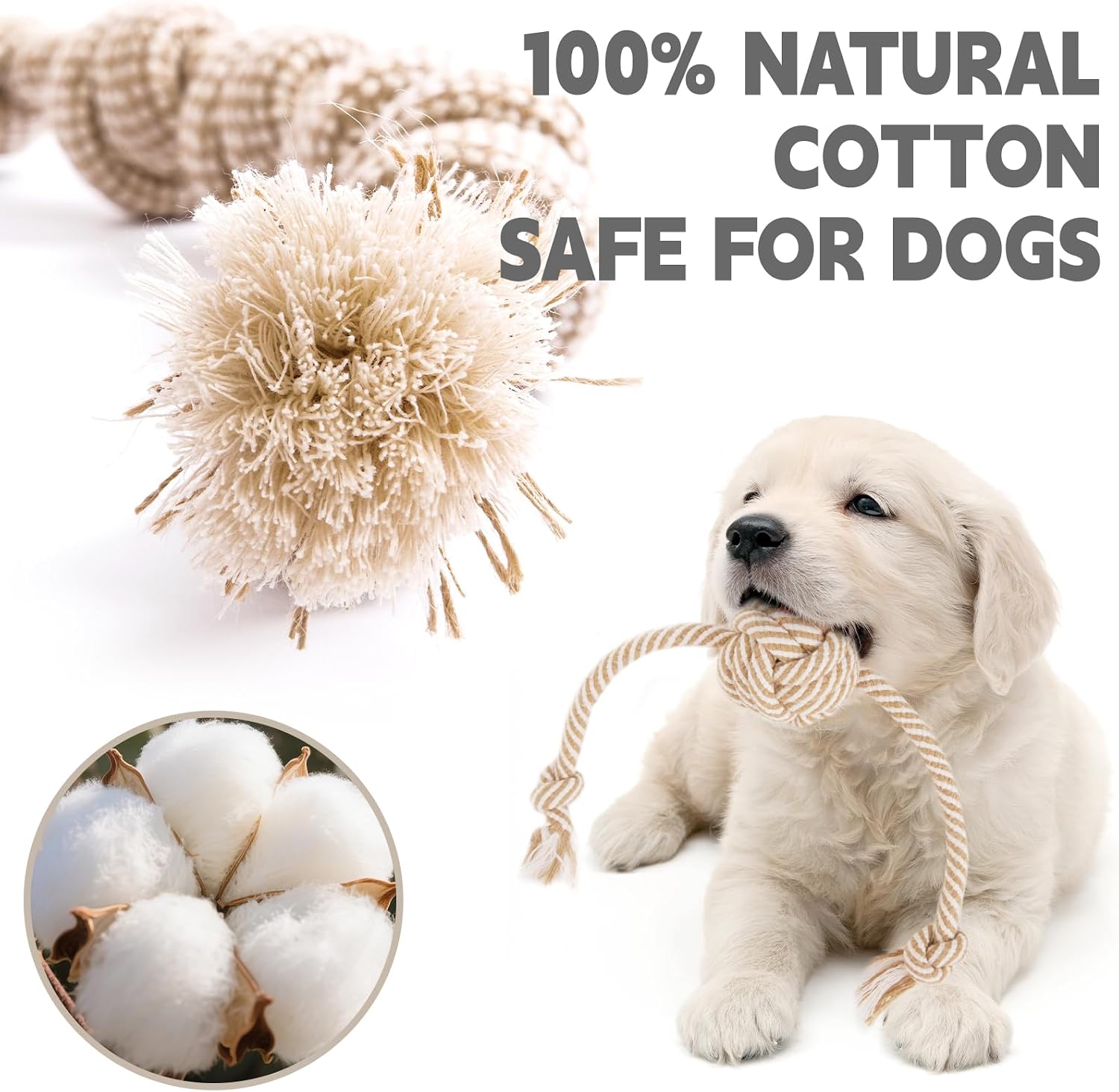 Reinforced weave texture close up of premium natural cotton dog teething chew toy.