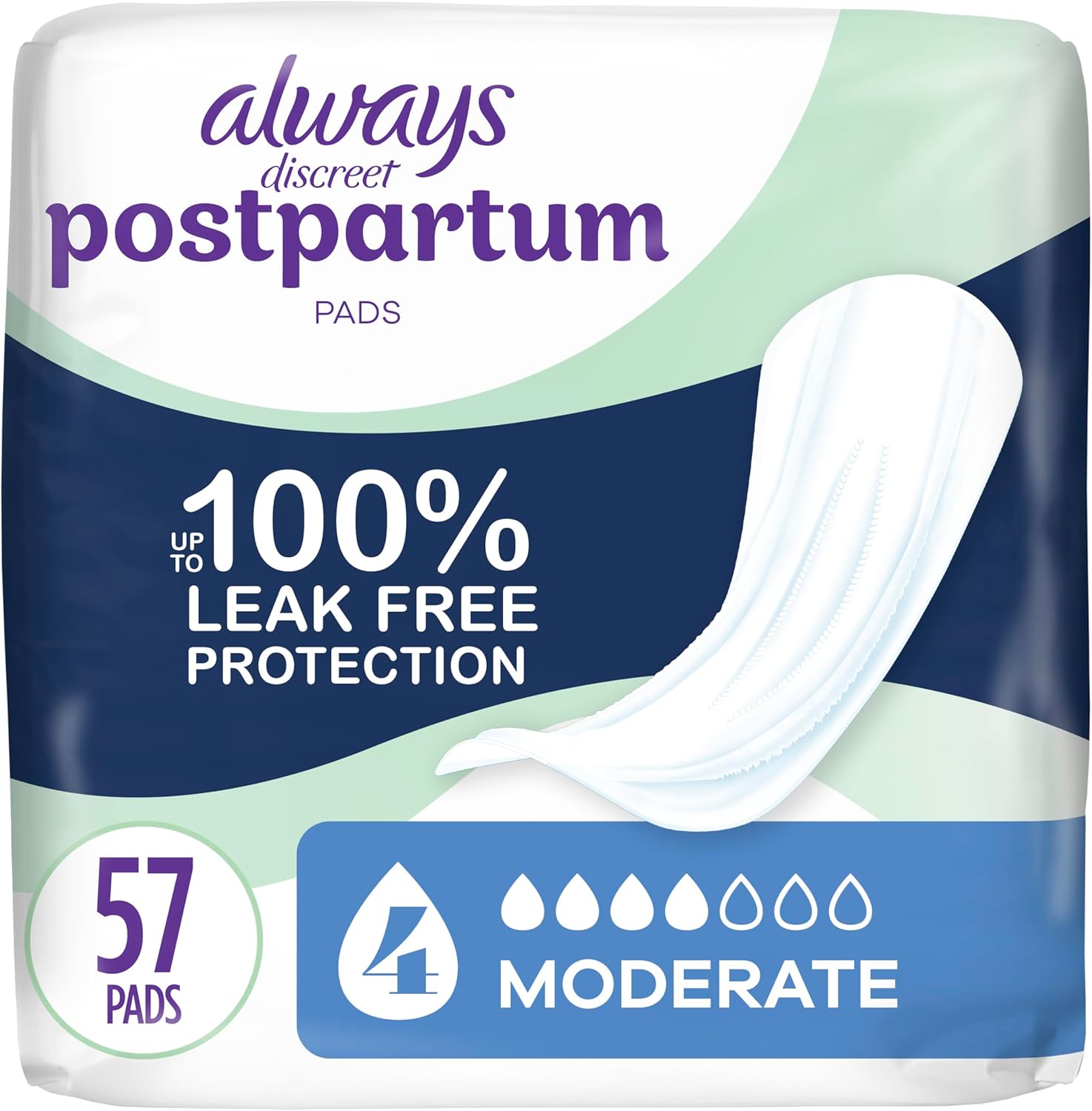 Always Discreet Postpartum Incontinence Pads 57 count front package view for maternal care