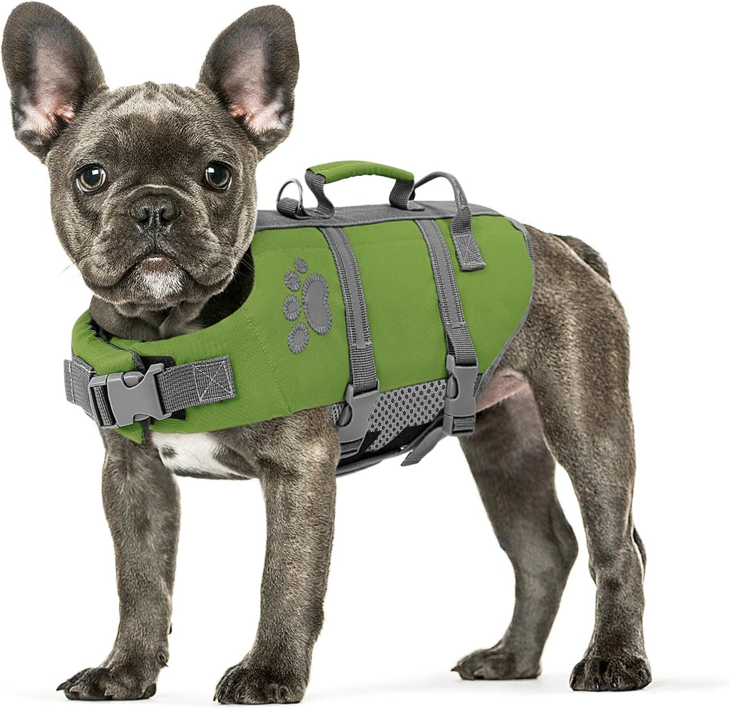 Queenmore durable dog swimming safety vest fully extended for size measurement.