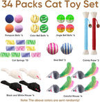 YULOYI cat springs and colorful plush mice spread out on a neutral background.