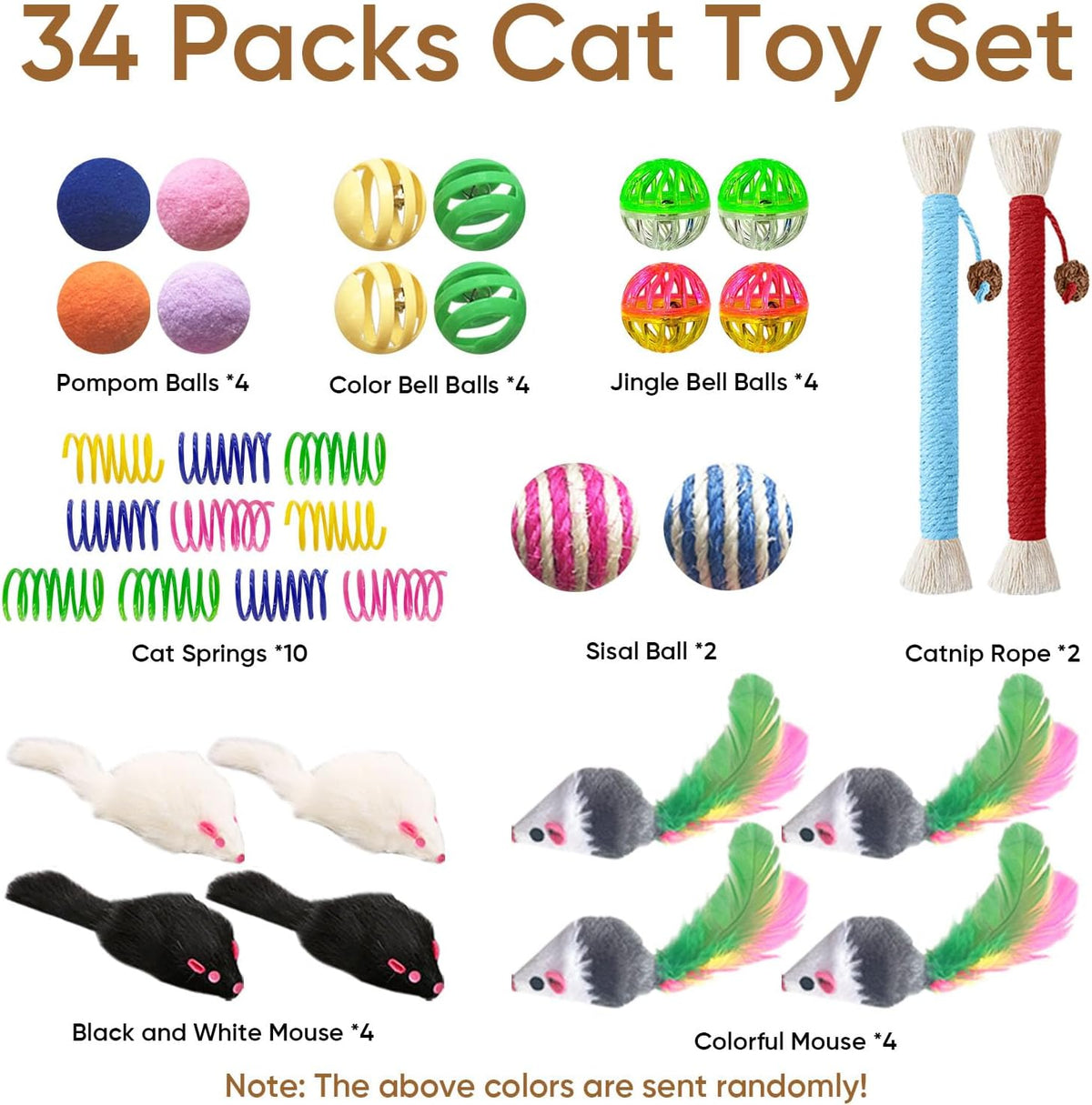 YULOYI cat springs and colorful plush mice spread out on a neutral background.