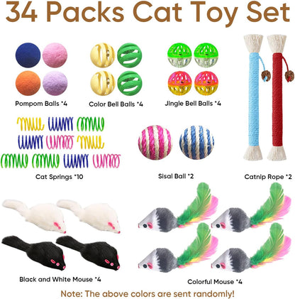 YULOYI cat springs and colorful plush mice spread out on a neutral background.