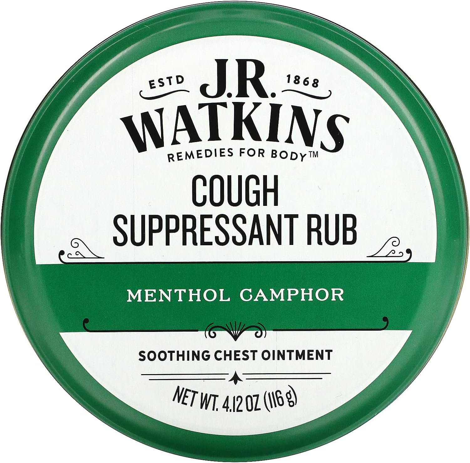 J.R. Watkins Original Menthol Camphor Cough Ointment front view of green tin for cold relief