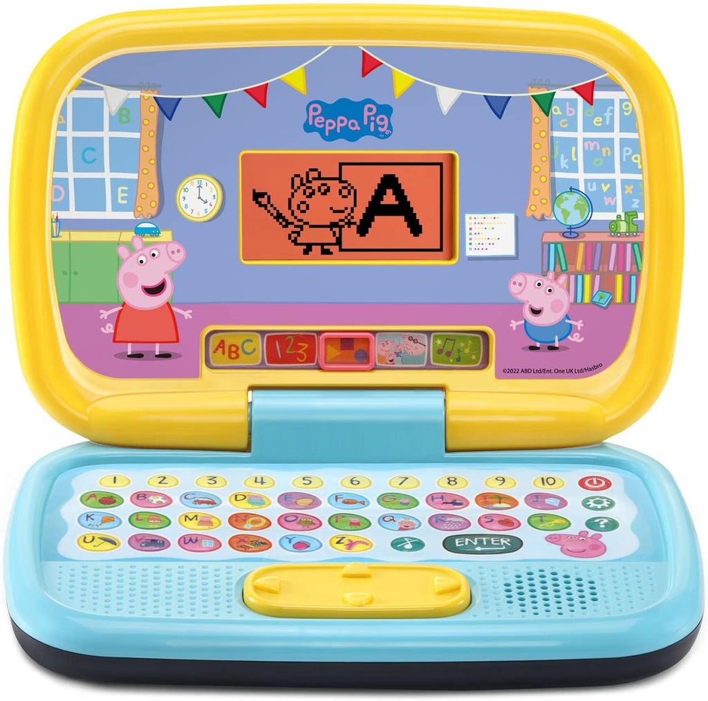 VTech Peppa Pig Play Smart Laptop front view featuring the alphabet keyboard and active animated display screen.