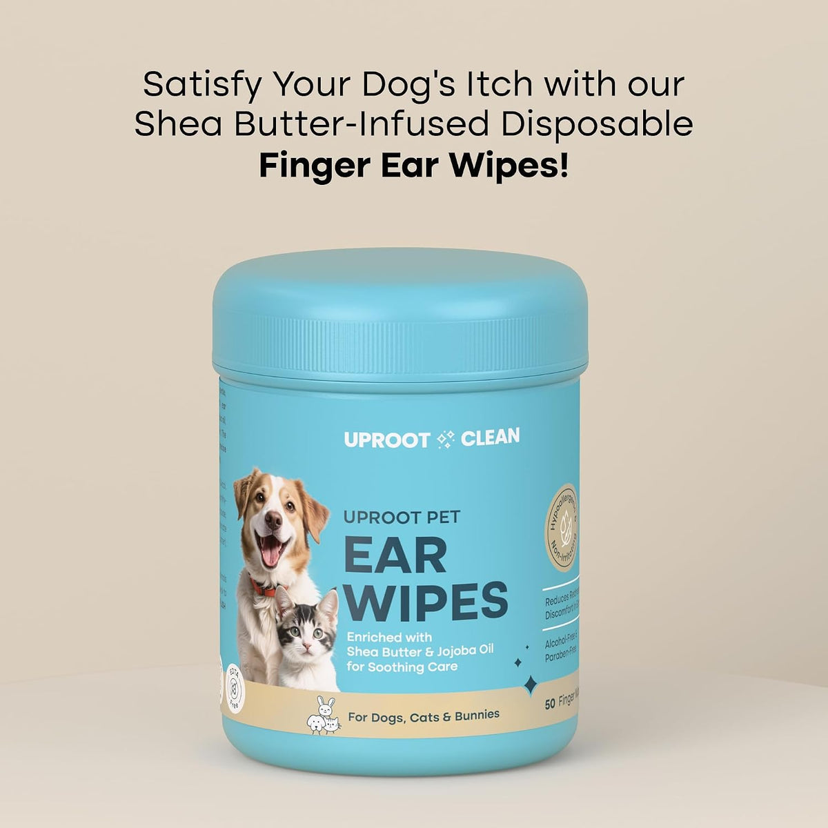 Uproot Clean pet ear wipes container showing fifty disposable pieces
