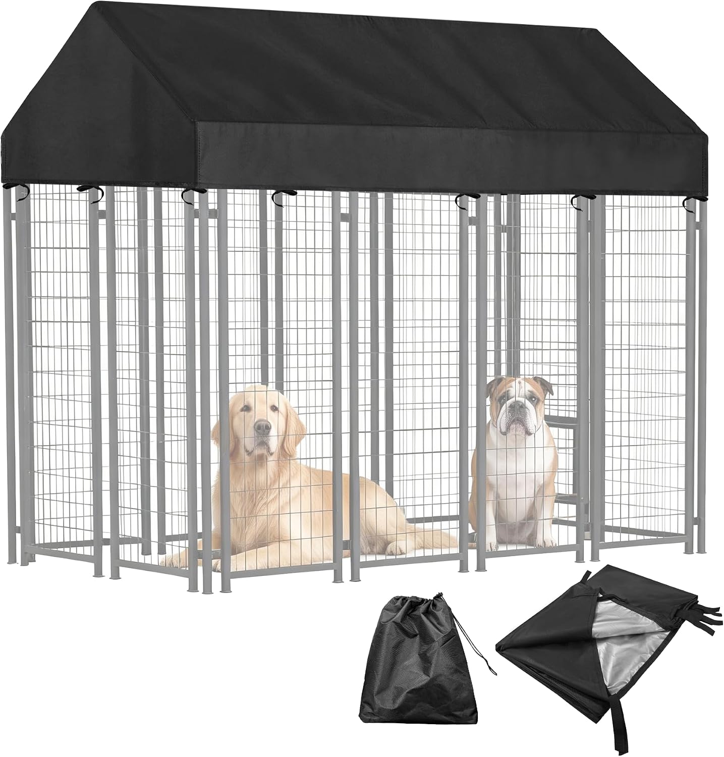 Bhyhok Waterproof Dog Kennel Cover front view installed on an outdoor dog cage frame.