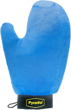Tack Shack of Ocala Pyranha Essential Mitt front view showing blue microfiber grooming glove surface.