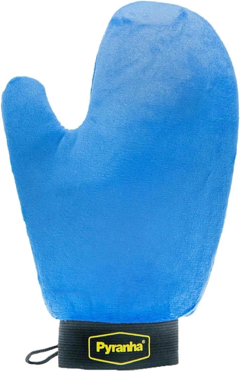 Tack Shack of Ocala Pyranha Essential Mitt front view showing blue microfiber grooming glove surface.
