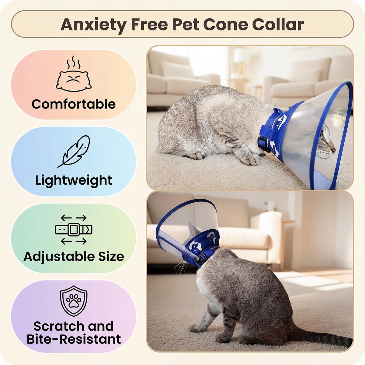 Soft comfortable cat recovery cone showcasing the secure hook-and-loop fastener closure
