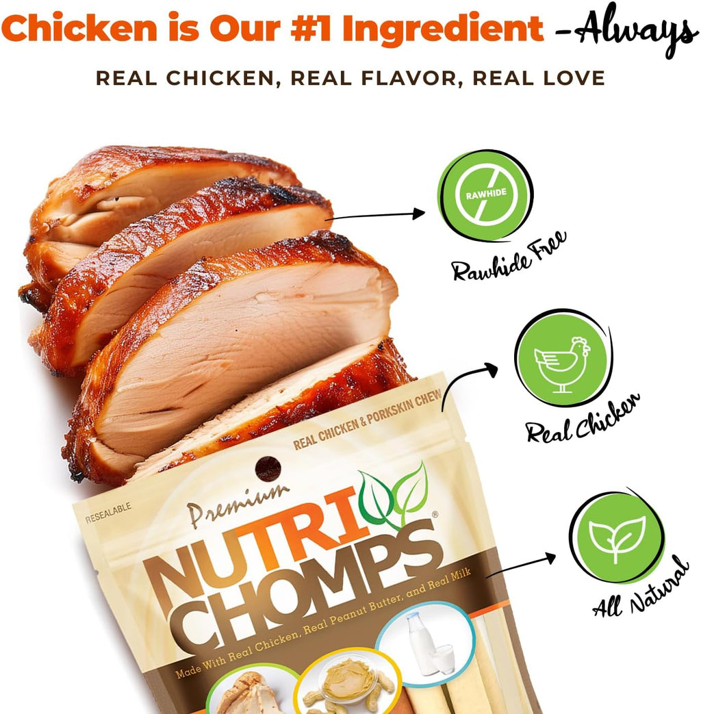 Nutri Chomps variety pack twist sticks showing real chicken, peanut butter, and milk flavors.