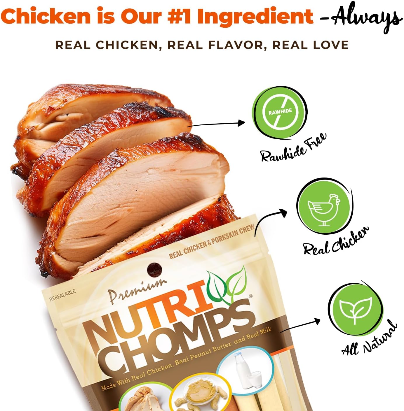 Nutri Chomps variety pack twist sticks showing real chicken, peanut butter, and milk flavors.