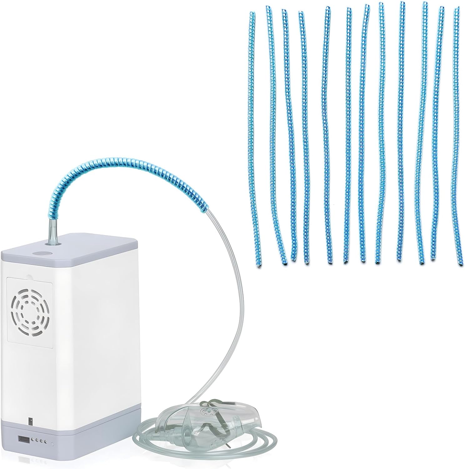 Apuozhi oxygen tubing support front view showing blue crimp straightener on hose