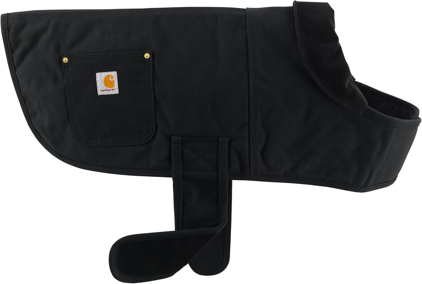Dog wearing Carhartt firm duck chore coat outdoors
