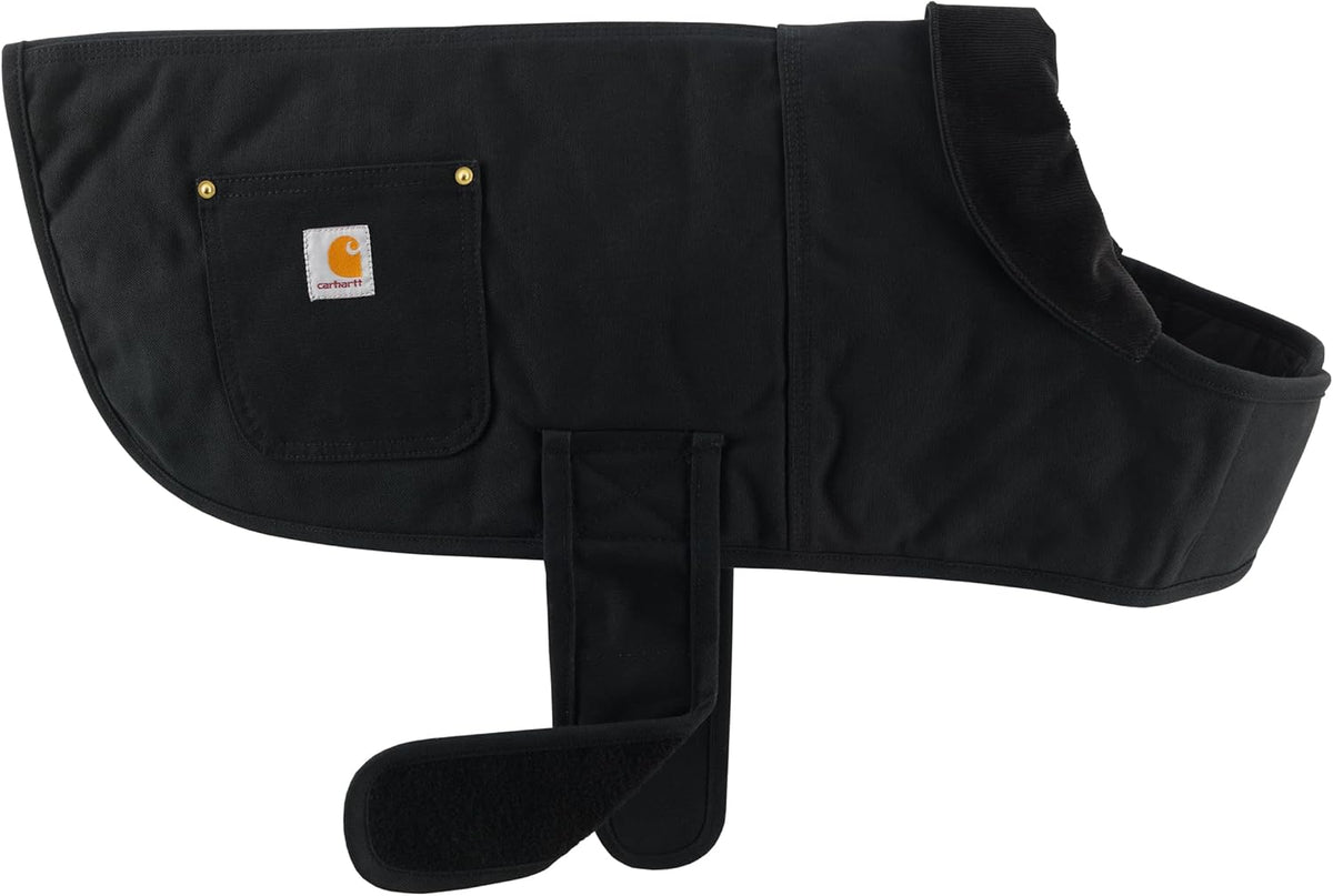 Dog wearing Carhartt firm duck chore coat outdoors