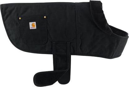 Dog wearing Carhartt firm duck chore coat outdoors