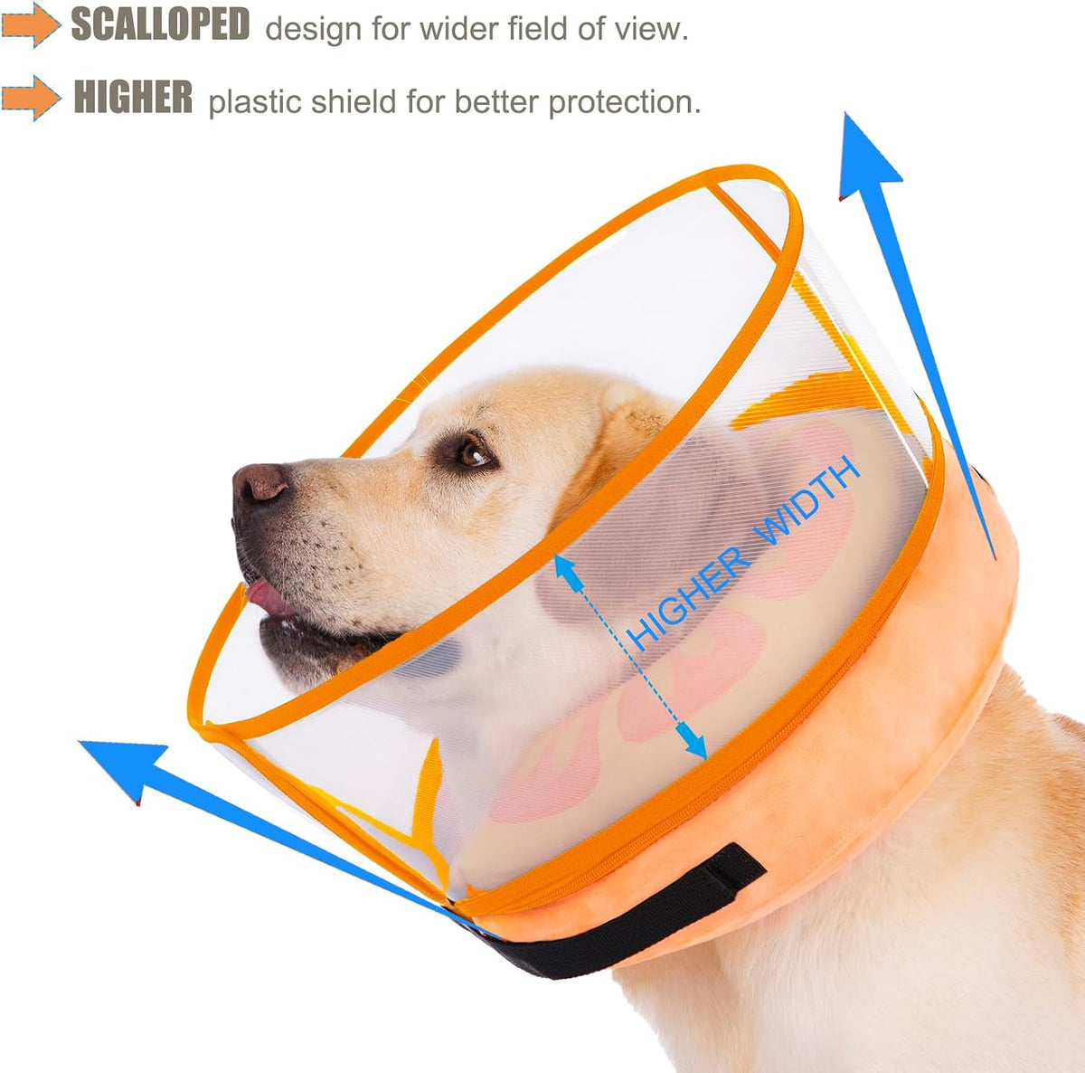 Large dog wearing the soft inflatable recovery donut collar comfortably while resting on the floor.