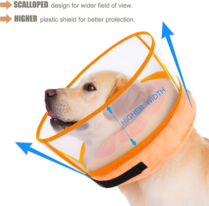 Large dog wearing the soft inflatable recovery donut collar comfortably while resting on the floor.