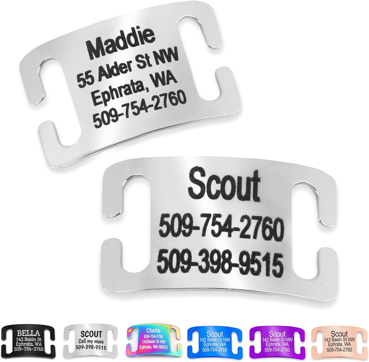 GoTags slide on pet ID tag front view in silver stainless steel