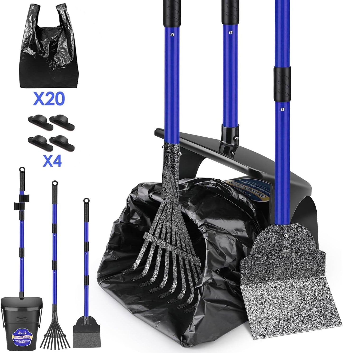 Lukovee dog pooper scooper blue kit front view showing the full stainless steel handle assembly.