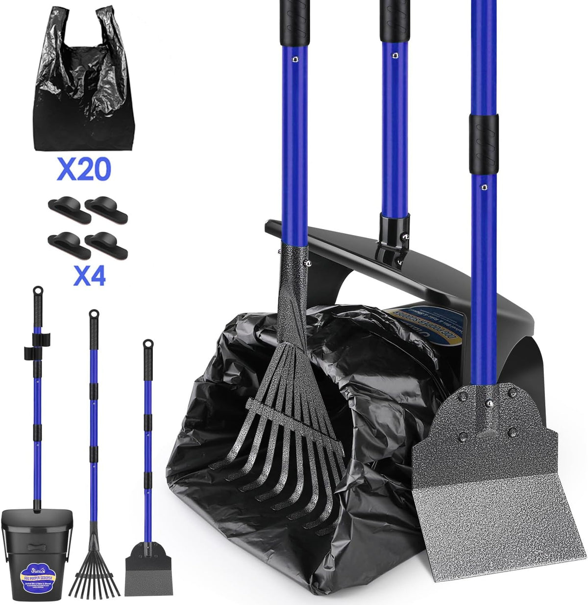 Lukovee dog pooper scooper blue kit front view showing the full stainless steel handle assembly.