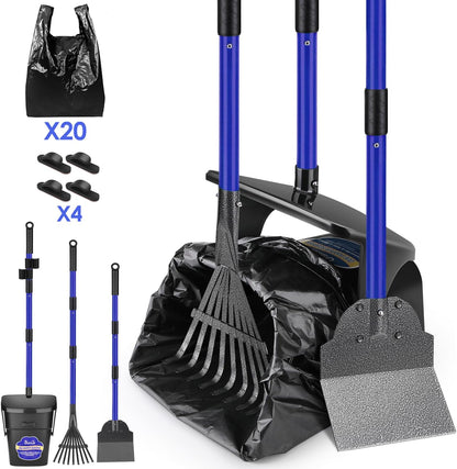 Lukovee dog pooper scooper blue kit front view showing the full stainless steel handle assembly.