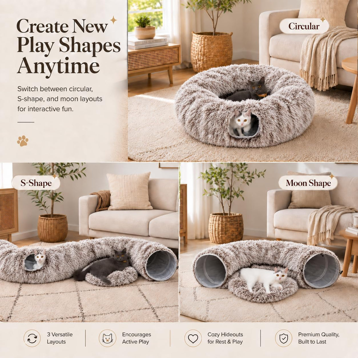 Fluffy Cat Tunnel Bed Under Christmas Tree, Plush Warm Brown - Image 3