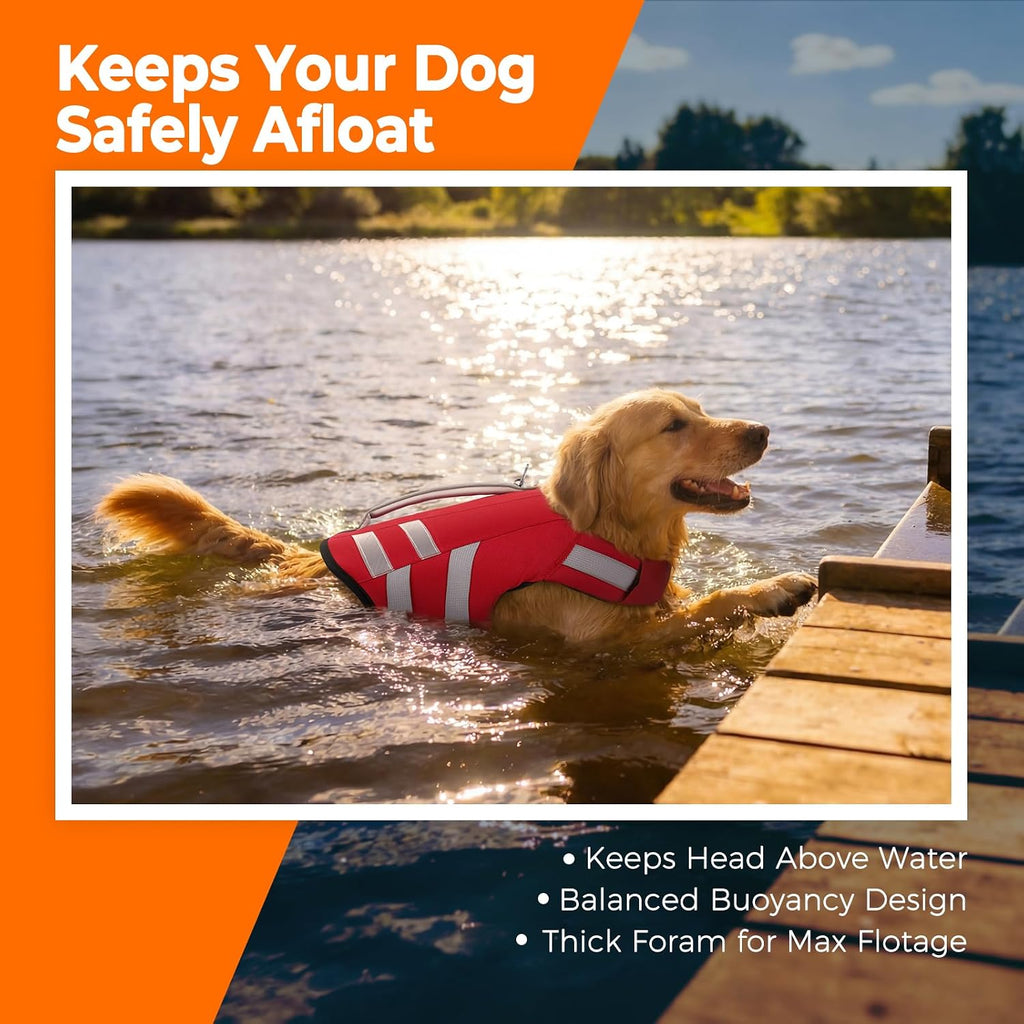 LeLePet life jacket for large dogs showing the high density pearl cotton foam padding thickness.