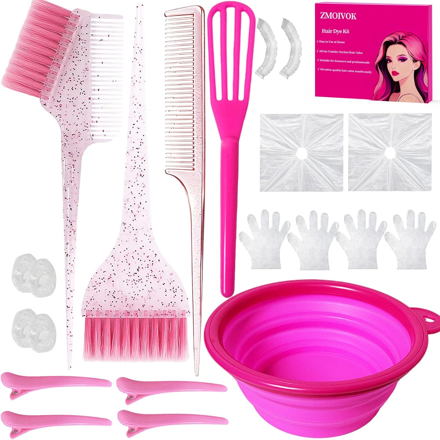 ZMOIVOK 21 piece hair dye kit professional salon tools front view showing pink mixing bowl and brushes