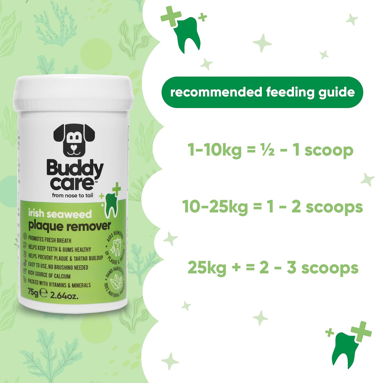 Sprinkle application of Buddycare seaweed plaque and tartar remover on dog food.