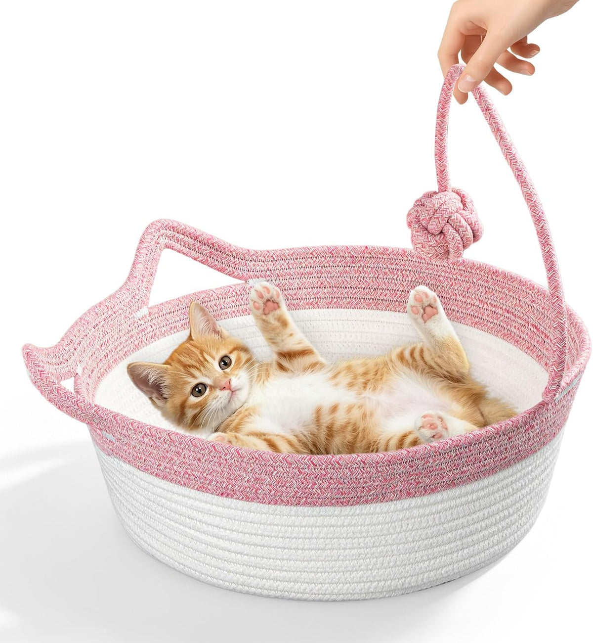 Cotton Rope Woven Cat Bed, Pet Sleeping Bed with a Playing Rope Ball, Foldable Sleeping Basket for Cats, Puppies, Rabbits and Small Pets (Large, Brown & Beige) - Image 14