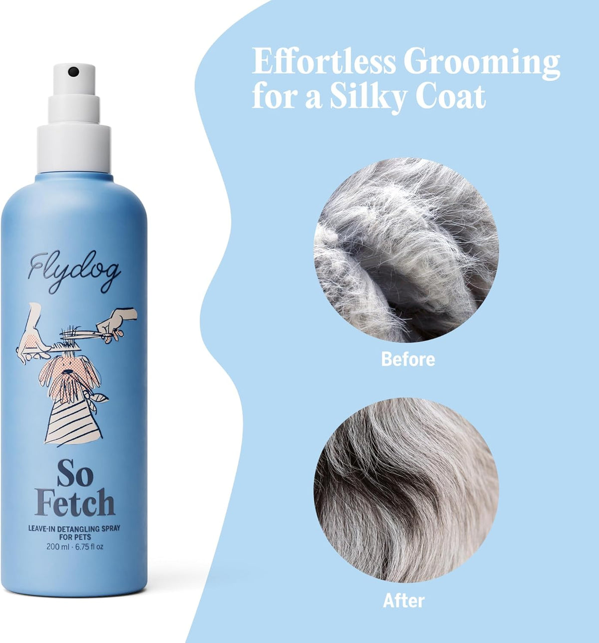 FlyDog leave in hair detangler spray with dematting brush