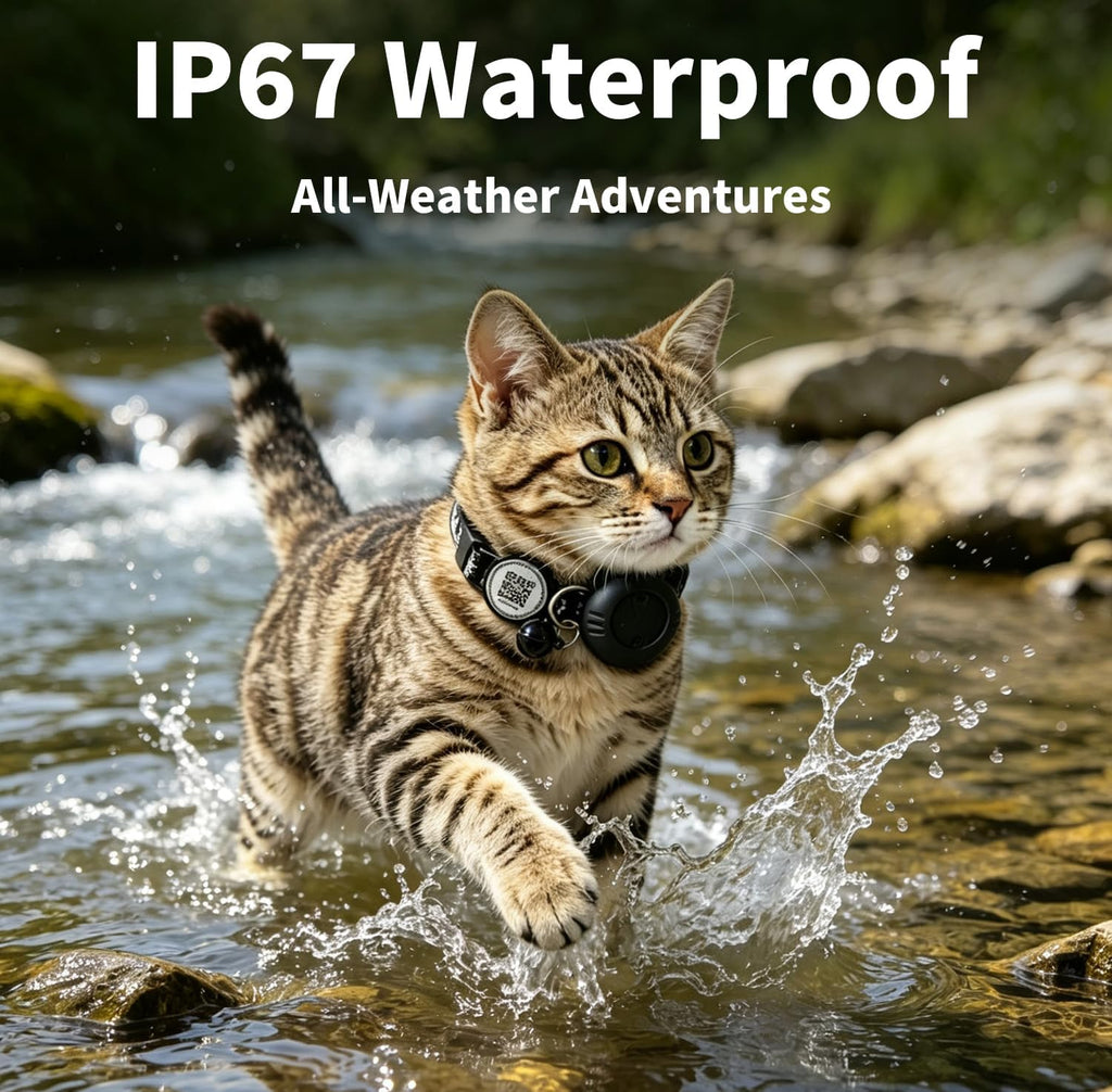 DCZSDJT waterproof pet tracking device shown in real life outdoor scenario.